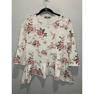 Floral Print White & Pink Peplum Top With Bell Sleeves